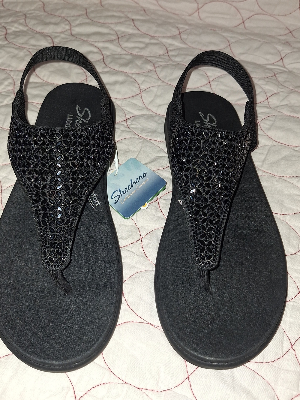 Skechers Women's Black Crystal Embellished Thong Sandals